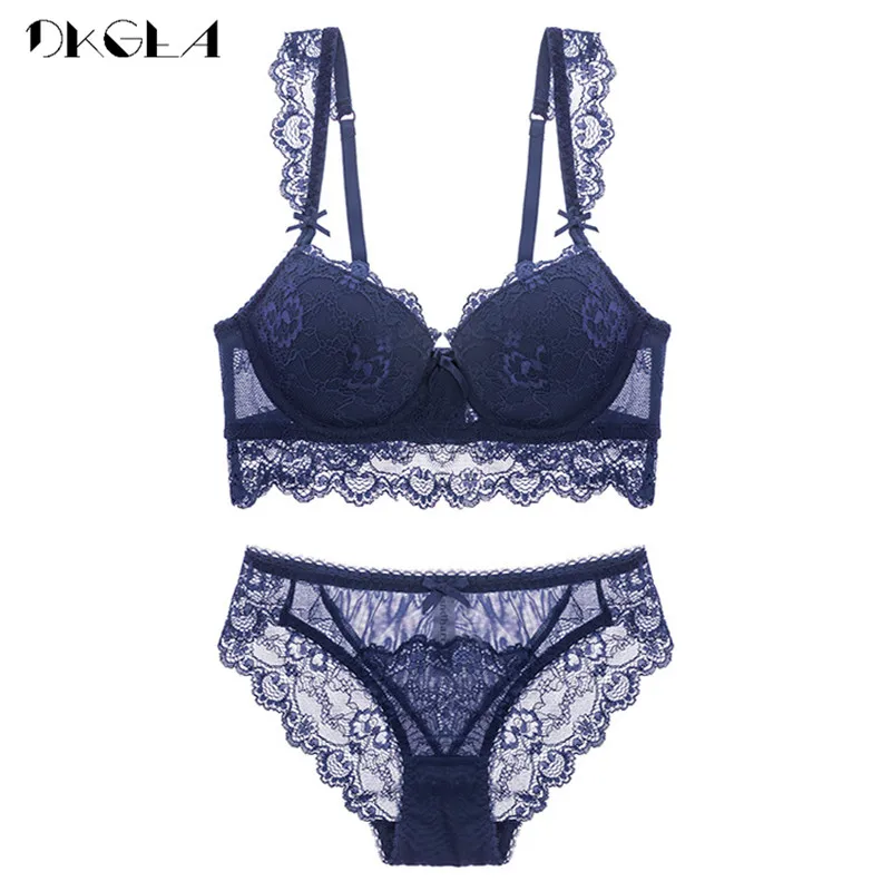 Super Gather Bras Women Underwear Set Cotton Blue Sexy Bra Set Push Up Thick Brassiere Lace Embroidery Lingerie Set A B C Cup sexy bra panty set Bra & Brief Sets