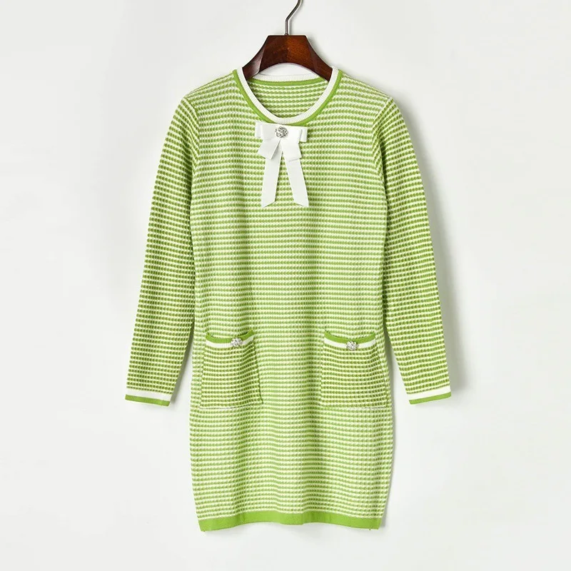 

2019 Autumn Women New Slim Contrast Double Diamond Pocket Bow Long Sleeve Knitting Straight Dress Female