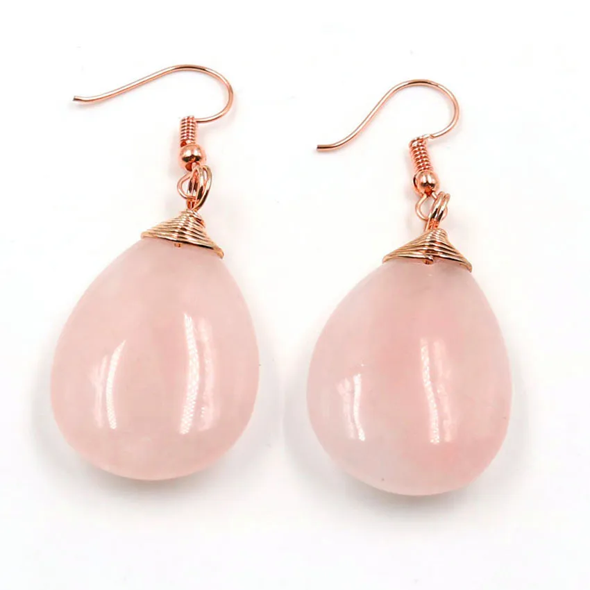 

FYJS Unique Jewelry Rose Gold Color Wire Wrap Water Drop Natural Rose Pink Quartz Earrings