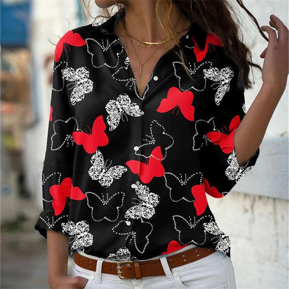 2022 Women Spring V Neck Butterfly Print Shirt Casual Long Sleeve Tops Loose All Match Daily Pullover Street Shirts