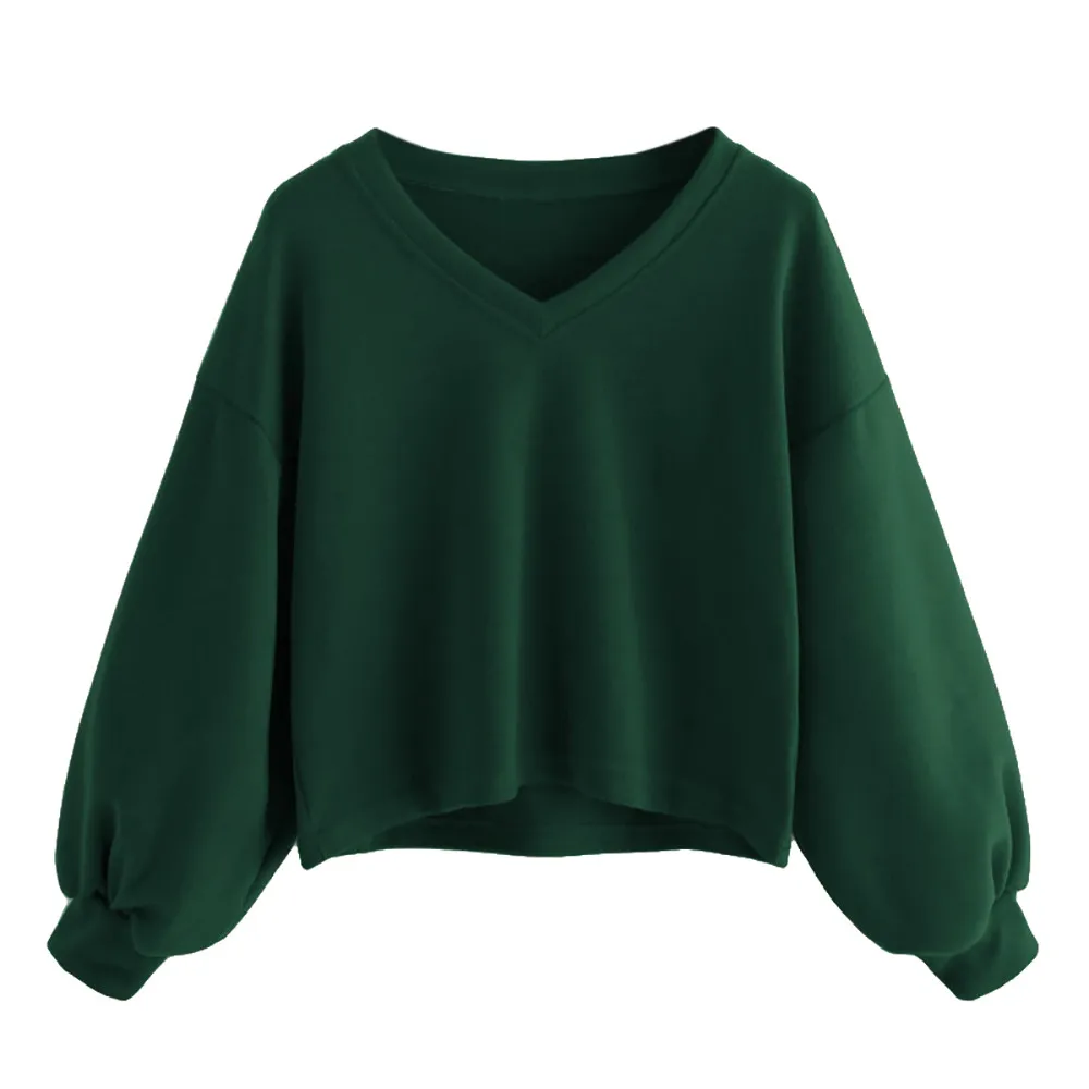 Модная осенне-зимняя свободная однотонная толстовка с v-образным вырезом и рукавами-фонариками; пуловер с круглым вырезом; повседневная женская одежда - Цвет: GN
