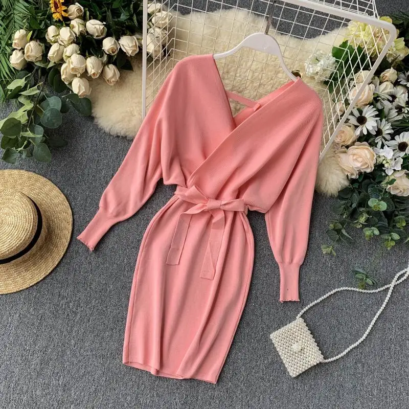 pink dress Luzuzi осенне-зимнее женское трикотажное платье-свитер Новое корейское длинное платье с рукавом летучая мышь и v-образным вырезом элегантное платье Дамское Бандажное платье - Цвет: pink dress