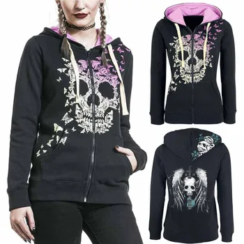 

2color 5 Size Autumn Kpop Clothes Black Women Hoodies Sweatshirts Punk Long Sleeve Skull Wings Print Hooded Jacket Zipper Coat