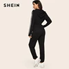 SHEIN Black Striped Side Zip Front Drawstring Hooded Jumpsuit Women Autumn Sporting Long Sweatpants High Waist Casual Jumpsuits Jumpsuits Women's Women's Clothing