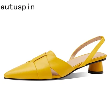 

autuspin Women Genuine Leather Slingbacks Shoes 2020 Quality Pointed Toe Mid Heel Pumps Ladies Party Wedding Prom Shoes Woman