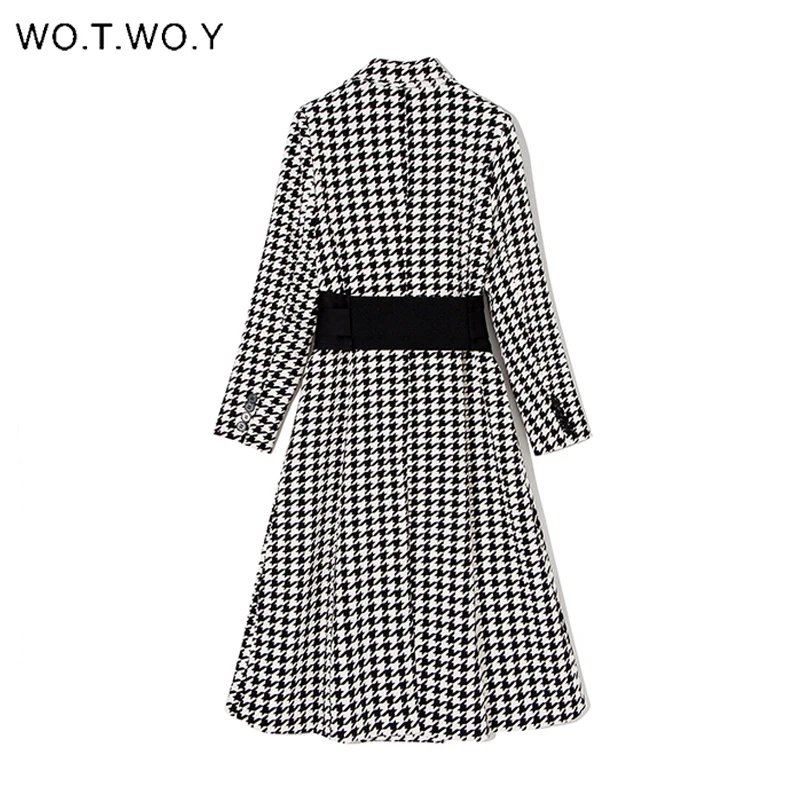 WOTWOY Double-Breasted Belted Houndstooth Trench Coats Women Elegant Autumn Winter Long Coat Women Sashes Outwear Windbreaker