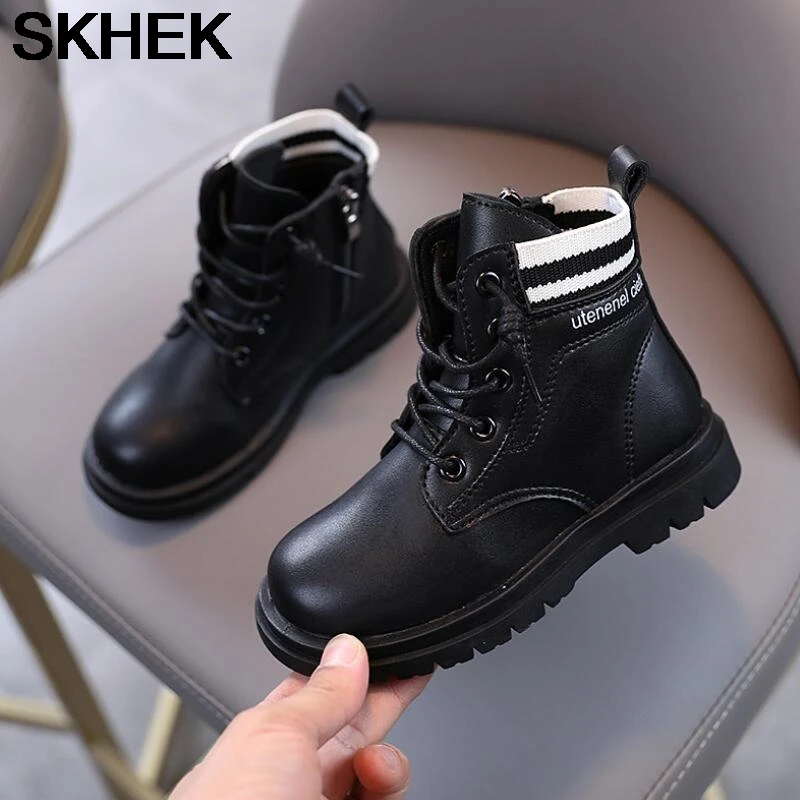 

SKHEK kids Martin Boots Boys Shoes Autumn Winter Leather Children Boots Fashion Toddler girls Boots Warm Winter Boots kids shoes