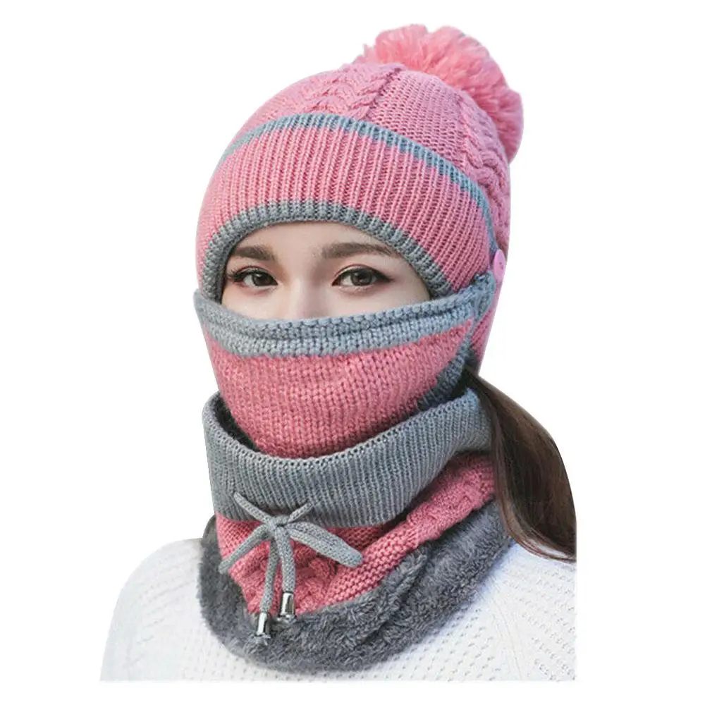 Pink Для женщин теплая шапка шарф маска Перчатки 4 шт./компл. Женский на осень-зиму шерстяная вязаная зимняя шапка, свободного покроя, утолщенная плисовая ткань Велосипеды защита ушей и cx - Цвет: Pink