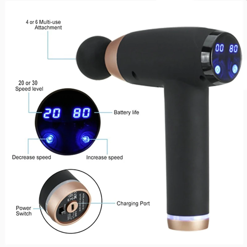 US $34.36 2021 New Touch Screen Massage Guns 6 Heads Muscle Massager LCD Display Relax Deep Tissue 30 Speed Slimming Fascia Gun USB Charge