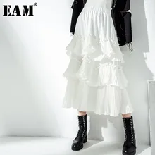 [EAM] Новинка года; сезон весна-лето; высокая эластичная талия; Цвет Черный; необычные плиссированные оборки; темпераментная юбка средней длины; женская мода; JS521