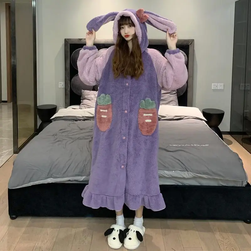 

Robes Women Flannel Mid-calf Autumn Winter Full Sleeves Patchwork Korean Style Warm Comfortable Absorption Thicken Large Size