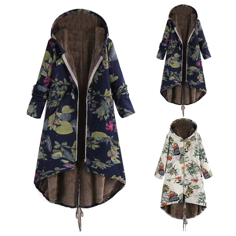 Куртка зимняя Veste Femme пальто с капюшоном Женская хлопковая стеганая верхняя одежда плюс бархат с длинным рукавом винтажный принт парки пальто