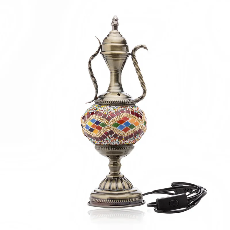 Turkish Style Exotic Retro Glass Decorative Table Lamp Coffee Pot Living Room Bedroom Bedside Led Night Light