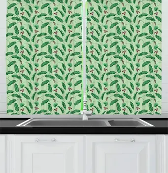 

Mint Green Hunter Green Leaves Kitchen Curtains Banana Fronds Tropical Foliage Flowers Fruits Greenery Window Drapes