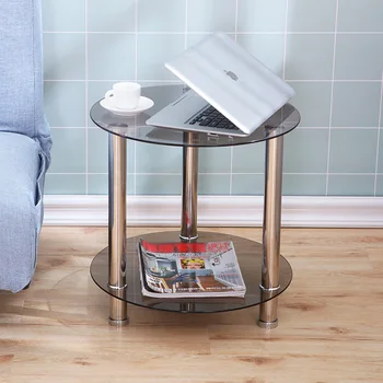 

Tempered glass small coffee table round living room double-layer balcony table sofa bedside end table with stainless steel legs