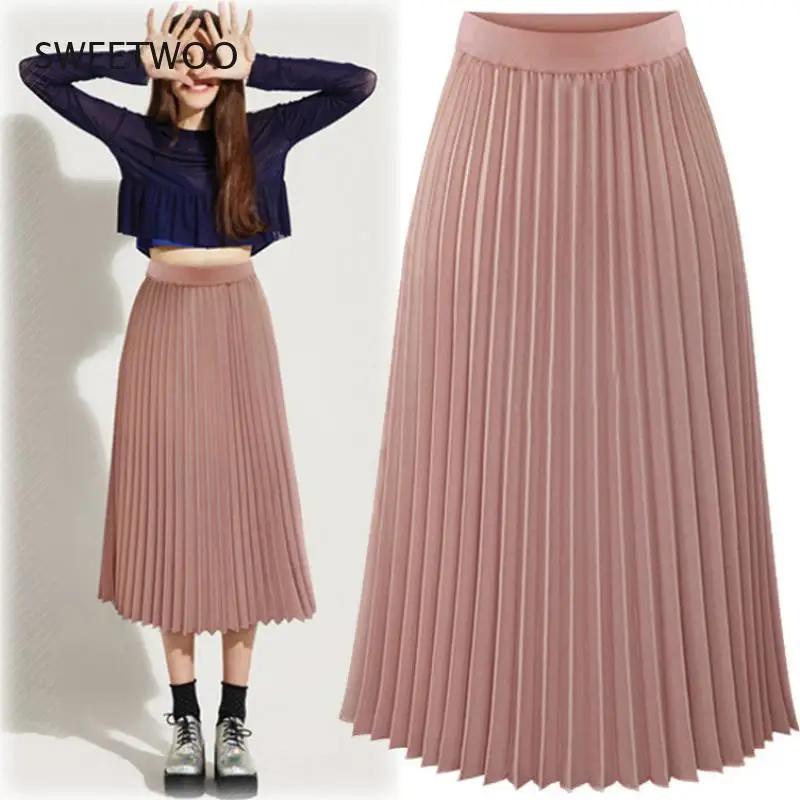 Long Skirts Pleated Women 2021  Summer Chiffon High Waist Pink Casual Midi Skirt White Harajuku Saia Jupe Longue Femme