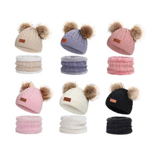 Beanies Baby Hat Scarf Set Pompom Winter Children Knitted Cute Cap Scarf Suit For Girl Boy Casual Solid Color Hat Baby Beanies