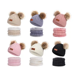 Beanies Baby Hat Scarf Set Pompom Winter Children Knitted Cute Cap Scarf Suit For Girl Boy Casual Solid Color Hat Baby Beanies