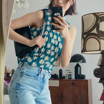 

Women's Daisy Print Shirt Sleeveless Half Turtleneck Spring Summer New Female Lace-up Sweet Blouse Top