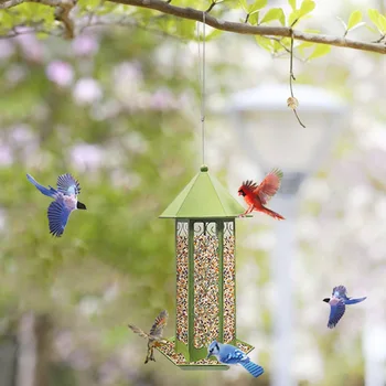 

European Retro Cyan Bird Feeder Outdoor Metal Hanging Automatic Bird Feeders Food Container Lazy Bird Feeder Pet Supplies Garden