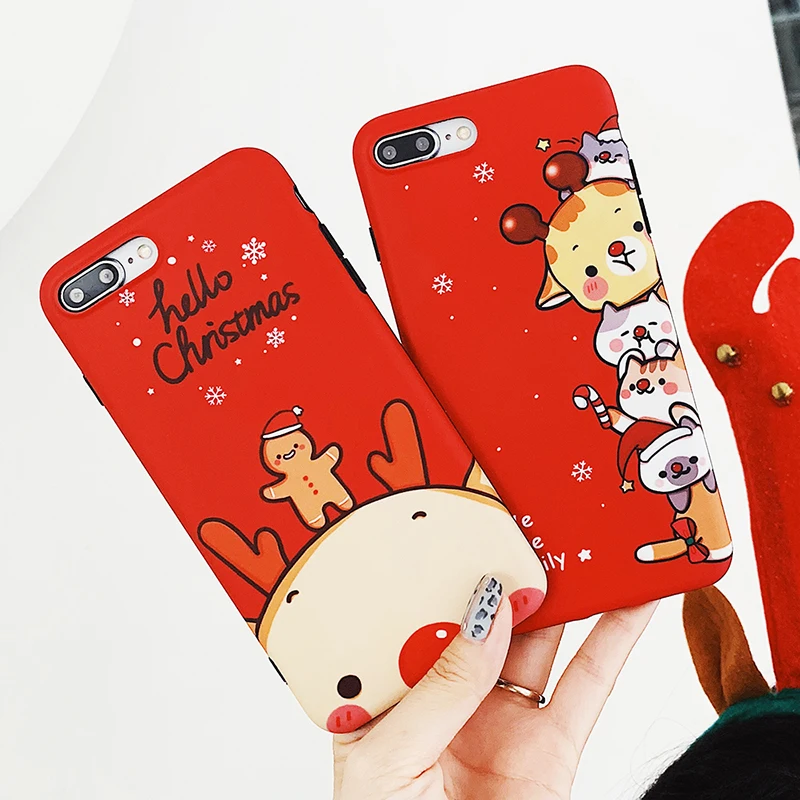 

Hello Merry Christmas Pattern Phone Case For iPhone XR XS X XS Max 6 6S 7 8 Plus Cute Cartoon deer Soft Red Back Cover Gift