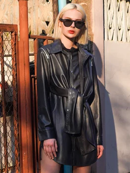 

PU Leather Shirt Coat Women Autumn Single Breasted Front Cross Motor Biker Coat Long Casual Basic Streetwear Trench Coat Black