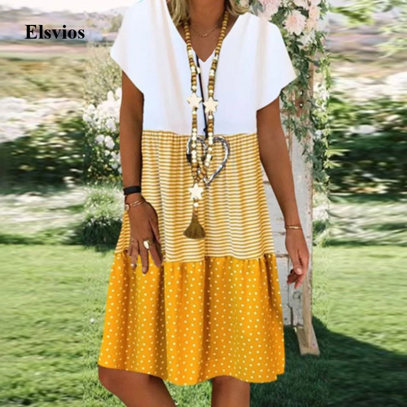 

Summer Women Short Sleeve Dress Vintage Sexy V Neck Beach Dress Casual Three Color Patchwork Geometric Print Party Dress Vestido