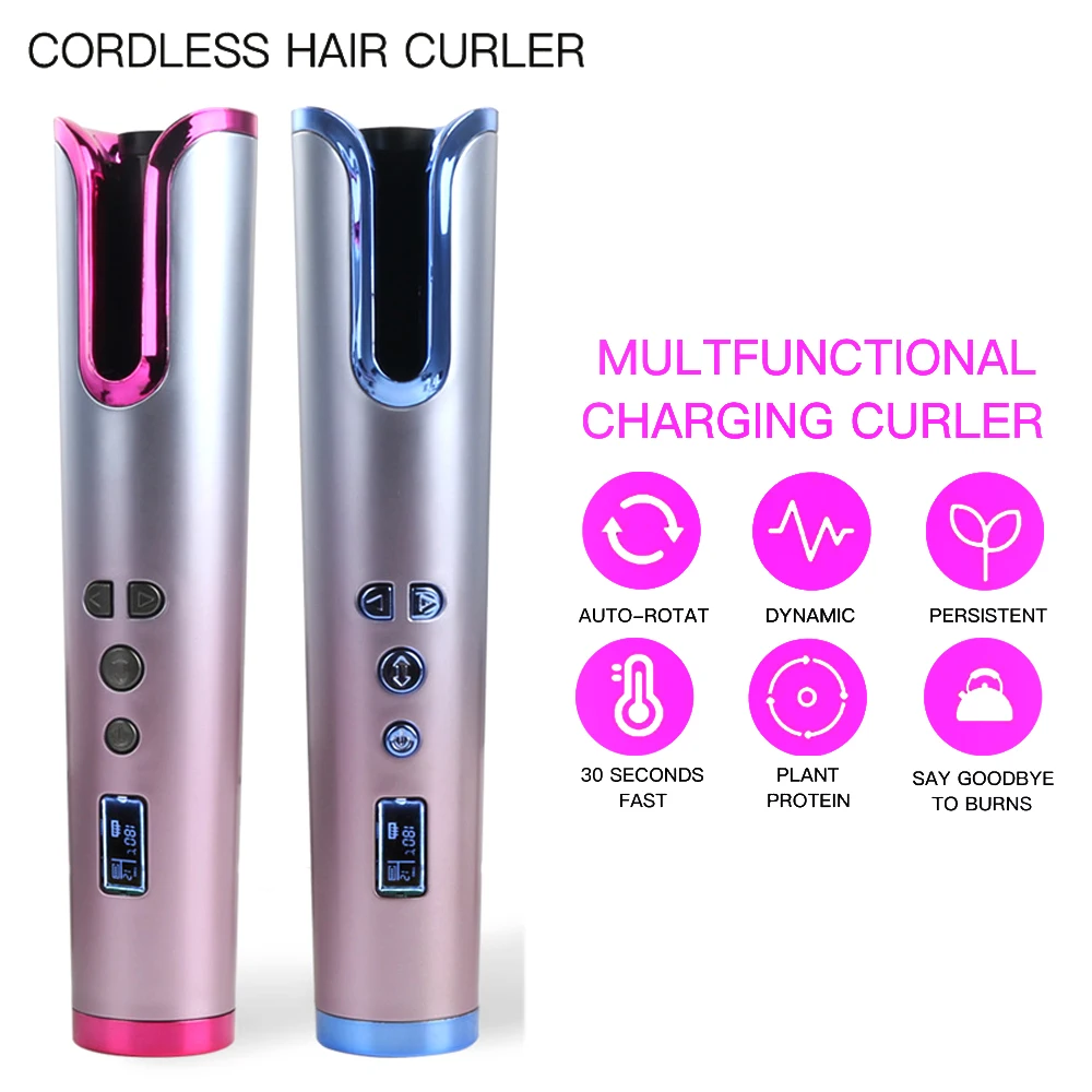 

Cordless Automatic Hair Curler USB Rechargeable Curling Iron Curls Waves LCD Display Ceramic Curly Rotating Curling Wave Styler