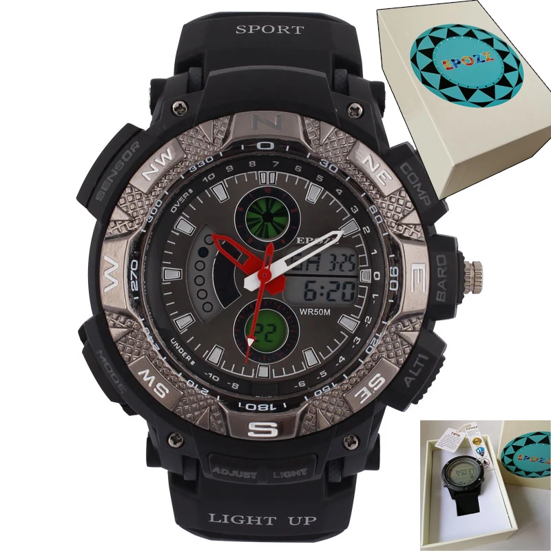 1311 black with box Epozz Модные Аналоговые Цифровые мужские спортивные часы, мужские водонепроницаемые часы для плавания, 50 м, круглое пластиковое кольцо, уличные часы E1311 - Цвет: 1311 black with box