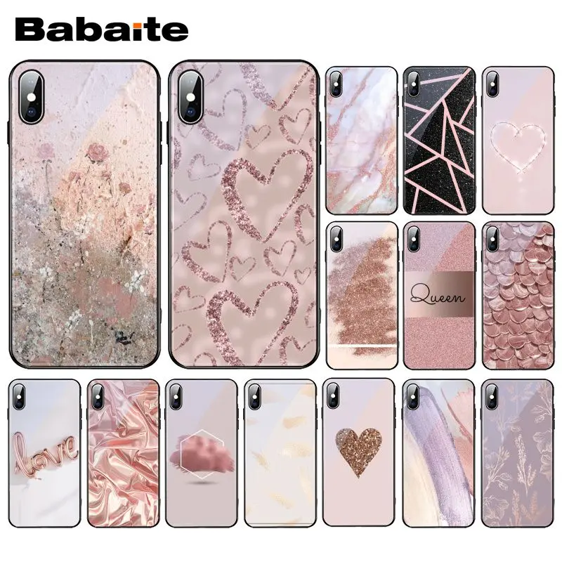 

Babaite Gold Rose Glitter Pink Love Herat Tempered Glass Phone Case For iphone 11 Pro XS MAX XR 8 X 7 Plus 6s 6 Plus Case