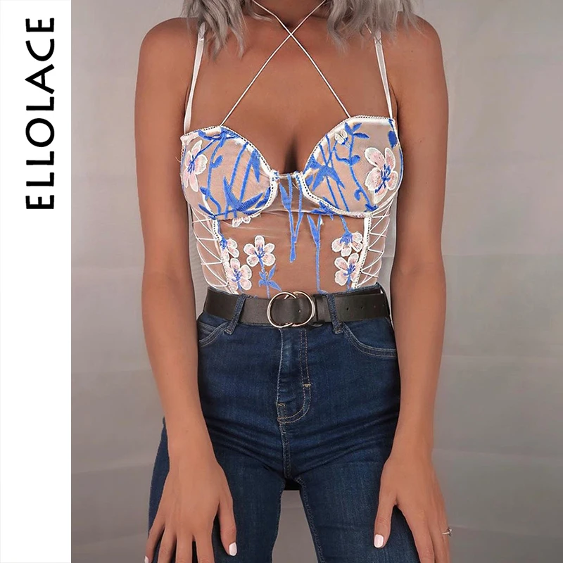Ellolace Fashion Sexy Mesh Bodysuit Women Flower Embroidery Bodys Bandage Overalls Slim Bodycon Rompers 2019 White Body Suit Ellolace Fashion Sexy Mesh Bodysuit Women Flower Embroidery Bodys Bandage Overalls Slim Bodycon Rompers 2019 White Body Suit