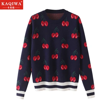 

Autumn winter cherry jacquard pullover sweater woman long sleeve coat heavy base sweater large size loose color contrast blouse