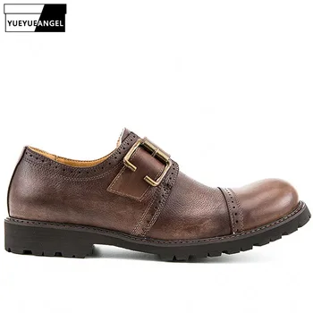 

2019 Autumn Round Toe Vintage Mens Genuine Leather Cow Formal Shoes England Style Buckle Strap Fashion Sewing Breathable Coffee