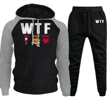 

WTF Wine Turkey Family Streetwear Men Raglan Hoodie Suit Autumn Winter New Casual Hoodies Fleece Suit Pullover+Pants 2 Piece Set