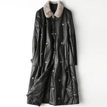 

High Quality Black Printed Winter Mink Fur Collar Long Natural Fur Down Coat Thick Warm SheepSkin Leather Down Office Jacket
