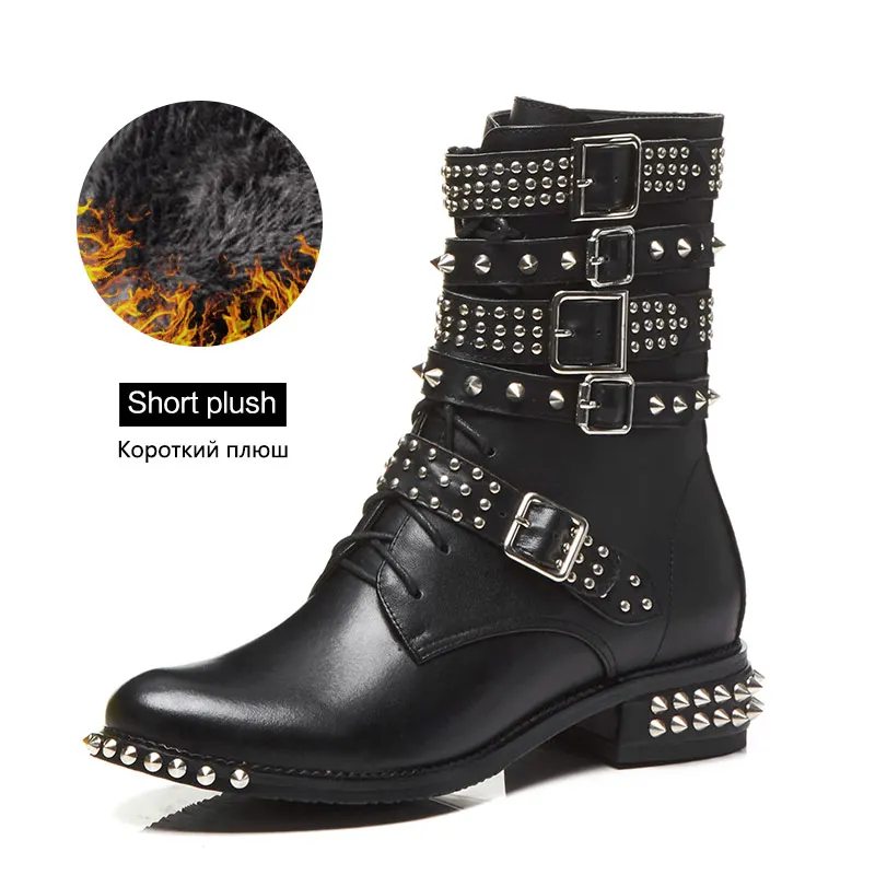 Donna-in/; черные мотоботы с заклепками; женская модная обувь из натуральной кожи в готическом стиле; обувь в стиле панк; ботинки на шнуровке на среднем каблуке; сезон осень-зима - Цвет: Short plush lining
