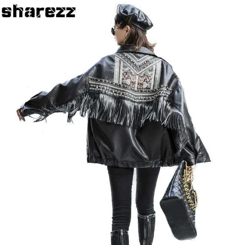 

Spring Autumn 2020 New Fringed Rivet Punk Faux PU Leather Jacket Locomotive Loose Fit Short Coat Motorcycle Embroidery Tide