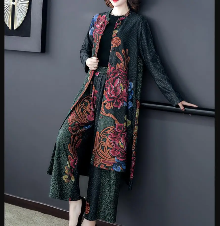 

2020 New Style Women National Style Loose Wide Leg Pants Two Piece Suit Cardigan Floral Print 2 Piece Dress Sets Womens Outfits