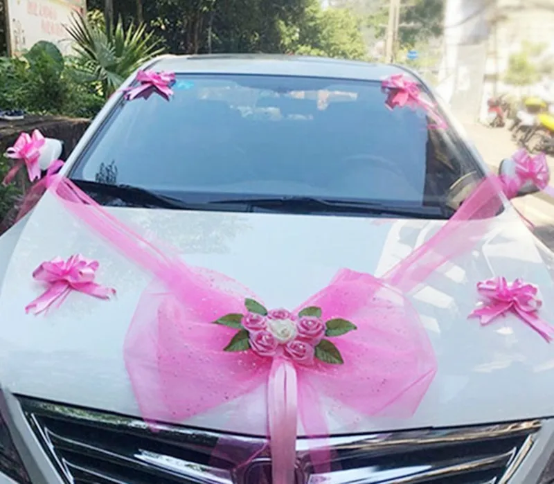 Kit de décoration de voiture de mariage rose PE, style simple, fleurs en  forme de cœur, couronnes, poignée, miroir, document de fausses fleurs,  document personnalisé