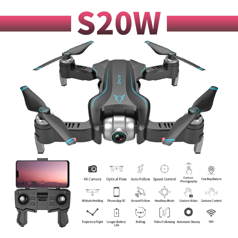 

RC Quadcopter S20 Drone GPS 4K HD Dual Camera 5G WIFI FPV Foldable Selfie Drones Professional Optical Flow 500m Long Distance