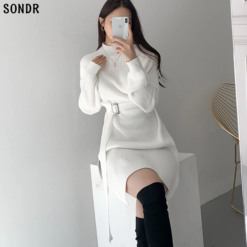 One Piece Knit Dress Women Autumn Winter Side Split Lace Up Sweater Dress Woman Korean Slim Knitted Sweater Mini Dress Lady Plus Size Dresses Aliexpress