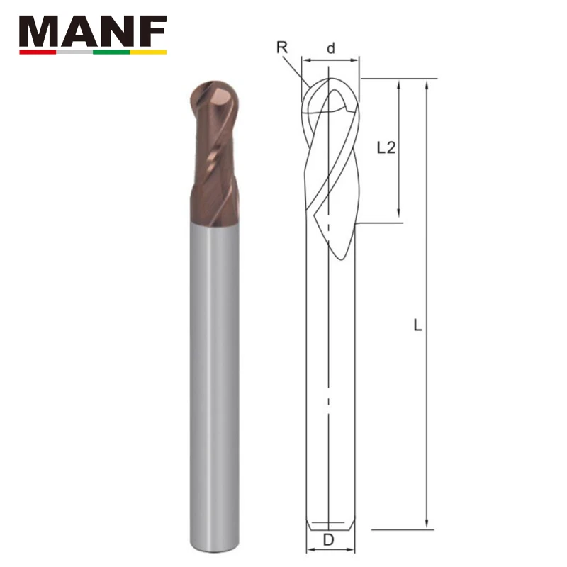 Длинная Концевая фреза MANF с 2 канавками HRC70 R2mm R3mm R4mm сферические концевые фрезы