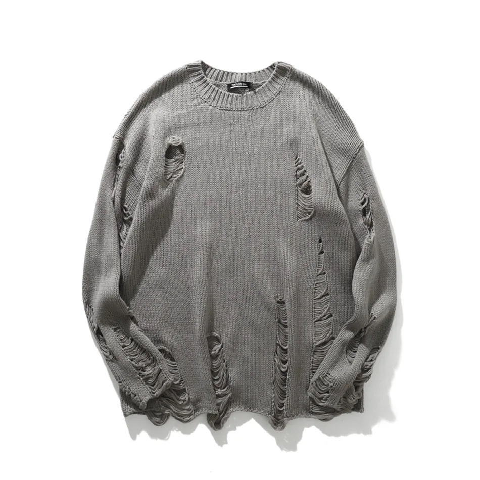 

Men's Solid Color Hole Pullover Sweater Round Neck Casual Loose Couple Sweater Pull Homme Streetwear Hombre Sweaters Men