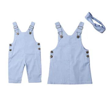

New Sister Brother Match Clothes Sleeveless Striped Bib Pant Romper Girls A-line Suspender Skirt Headband Family Match Clothes