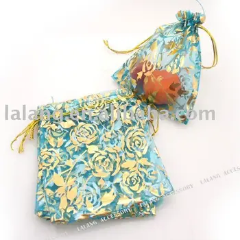 

100pcs/lot Wholesale Fashion Nice New Organza Dark Blue With Gold Flower Wedding Pouches Gift Bags 100*120mm