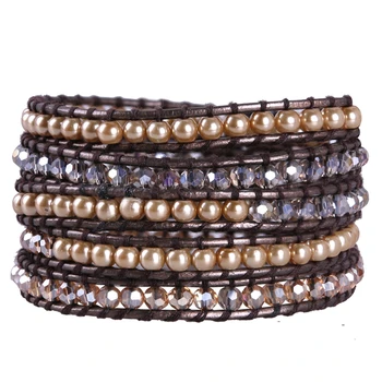 

KELITCH Simulation Gold Pearls Beaded Cuff Bracelets Boho Summer Women Handmade Leather Crystal Beads 5 Wrap Bracelets Pulsera