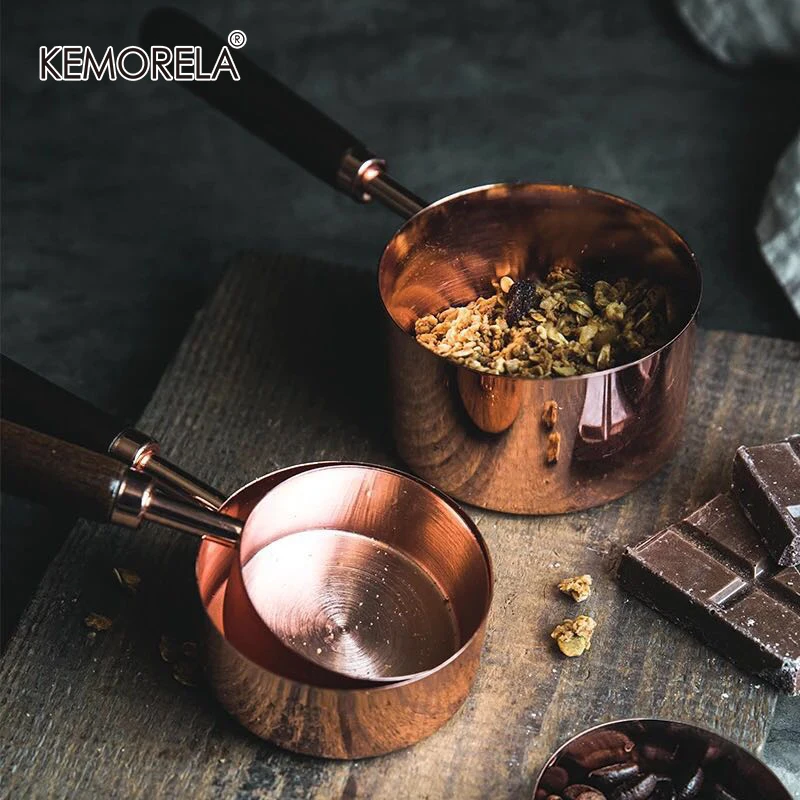 4Pcs/Set Rose Gold Stainless Steel Measuring Cups And Measuring Spoon Scoop Set Wooden Handle Kitchen Tool For Baking measuring cups and spoons set