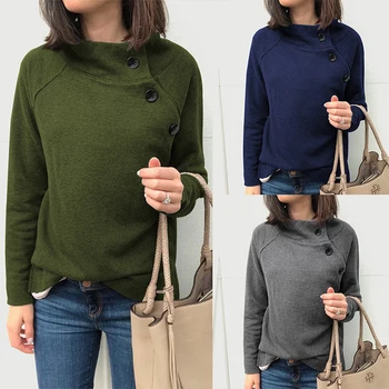 

2019 autumn and winter new fashion round neck solid color button long-sleeved blouse