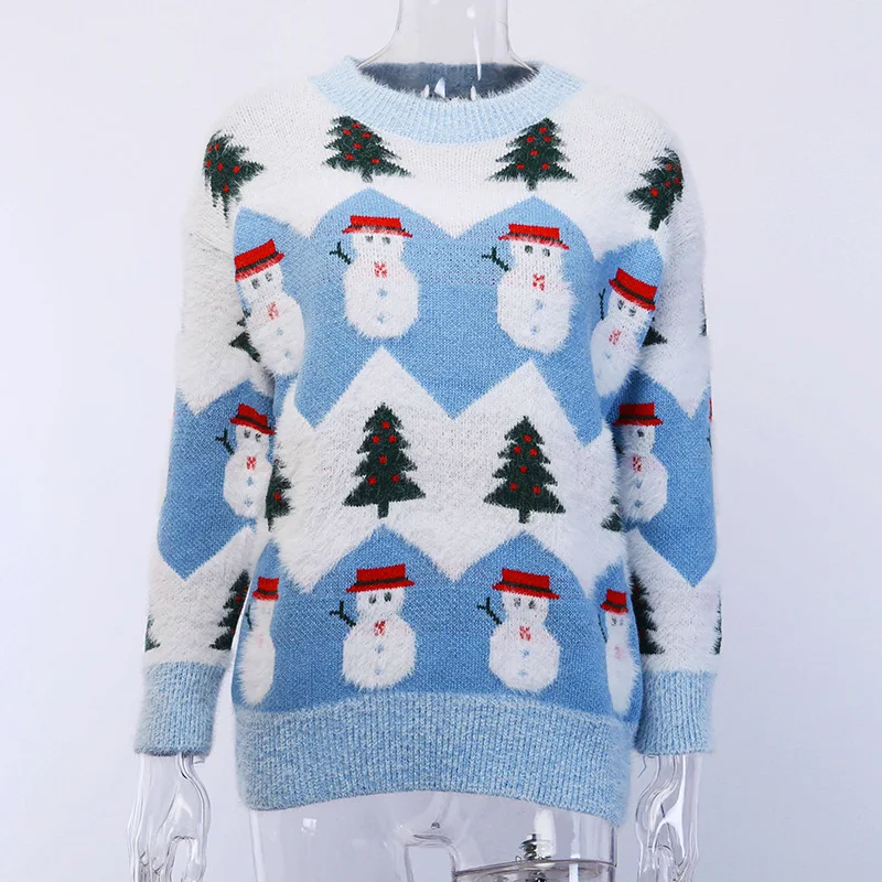 Рождественский свитер с принтом снеговика для женщин, осень, милый пуловер с длинными рукавами, Зимний вязаный женский Повседневный джемпер, свитер, топы