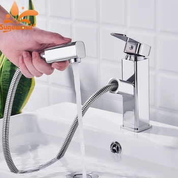 

Suguword Chrome Basin Faucet Short Hot and Cold Water Ceramic Valve Deck Mounted Mixer Taps Pull Out Spout